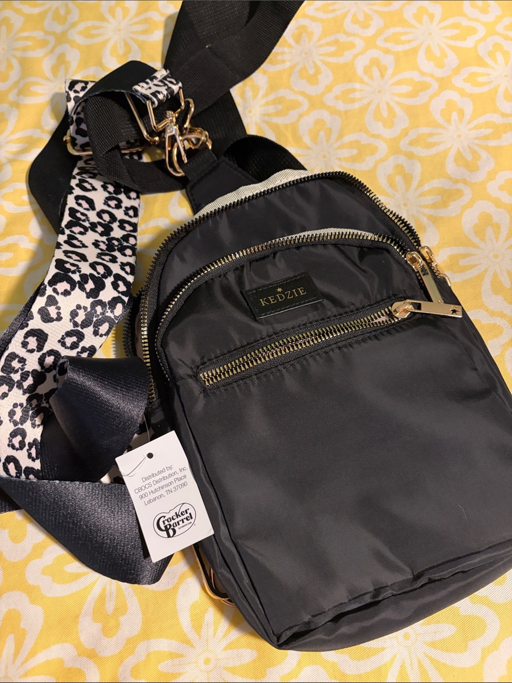 NWT Black Crossbody Sling Bag with Leopard Accent Strap- KEDZIE